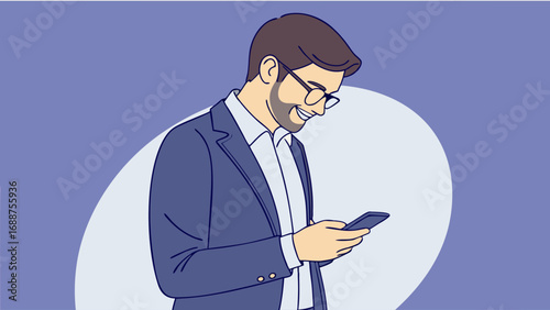 Smiling businessman using smartphone mobile phone technology business communication professional app digital connection social media internet online networking illustration graphic design vector port.