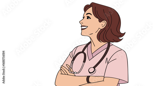 Smiling female medical professional with stethoscope arms crossed looking up.