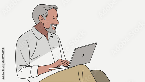 Smiling senior man using laptop computer happy mature person working online digital lifestyle illustration.