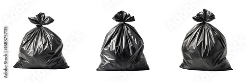 Set For Three black garbage bags isolated on transparent background sit