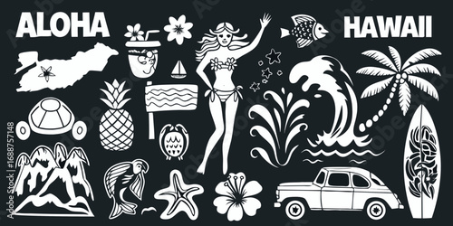 Aloha hawaii tropical vacation elements collection with beach girl palm tree car and surfboard