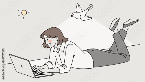 Smiling woman working on laptop lying down bird and sun illustration.