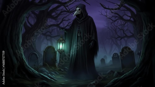 Plague doctor in a spooky cemetery at night a dark fantasy and historical horror 