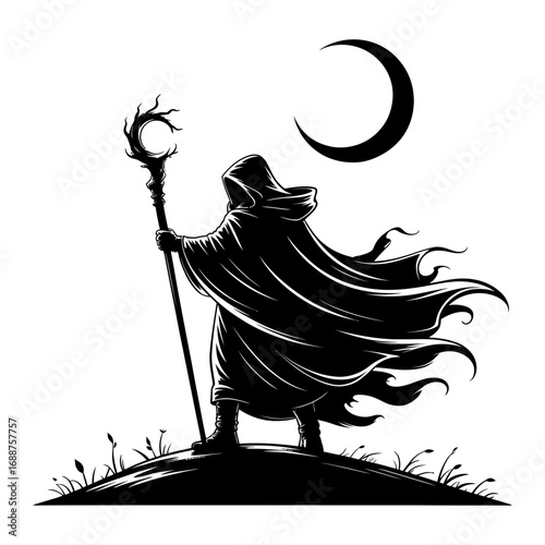 black silhouette of mysterious cloaked figure with staff under crescent moon