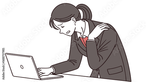 Tired businesswoman working on laptop shoulder pain office stress fatigue exhaustion.