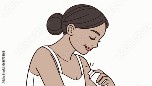 Woman applying lotion skincare routine self-care beauty healthy skin body care illustration drawing graphic design element cosmetics product advertisement summer sun protection sunscreen hygiene well.