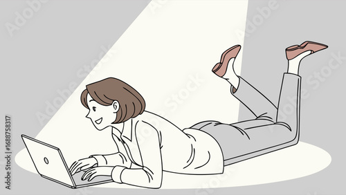 Woman using laptop computer relaxing on floor illustration digital art flat lay style modern design.