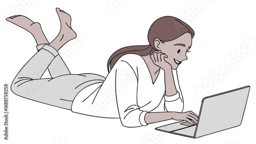 Woman using laptop relaxing at home comfortable position casual clothes digital lifestyle home office freelance work online work remote work technology internet computer communication connection soci.