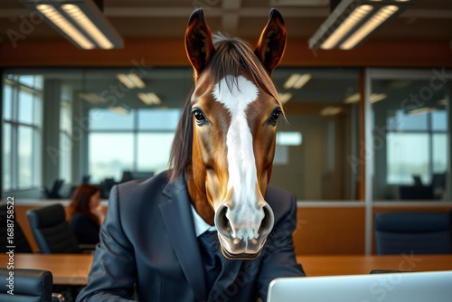 Horse wearing business suit in an office meeting 