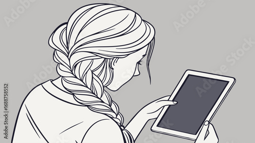 Woman using tablet digital device technology illustration braided hair line art profile view simple design modern style minimalist graphic clean lines vector illustration app communication internet s.