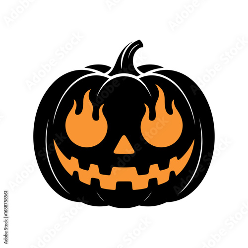 black silhouette of Halloween pumpkin lantern with flame eyes