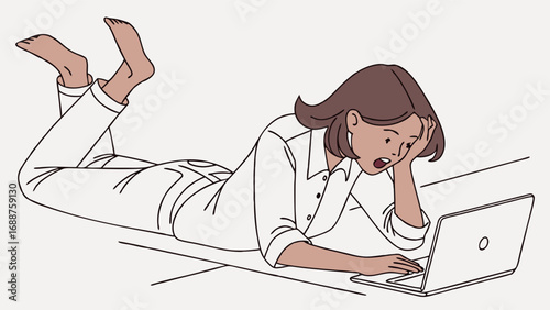 Woman working on laptop stressed lying down frustrated tired overwhelmed digital technology online computer problem solution internet work home office remote freelance business deadline stress anxiet.