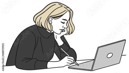 Woman working on laptop taking notes side view minimalist illustration female student studying online learning concept business person working remotely work from home creative process digital art sim.