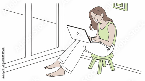 Woman working on laptop sitting on a stool barefoot illustration home office remote work freelance casual comfortable technology digital nomad online internet happy smiling productivity work from hom.
