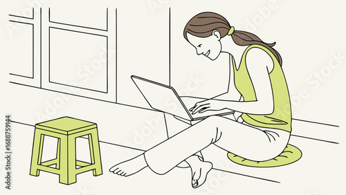 Woman working on laptop sitting on floor minimalist illustration casual work from home freelance remote work comfortable home office digital nomad technology online internet design home cozy simple m.