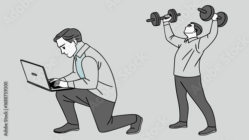 Work Life Balance Concept Businessman Working on Laptop and Exercising with Dumbbells Illustration.