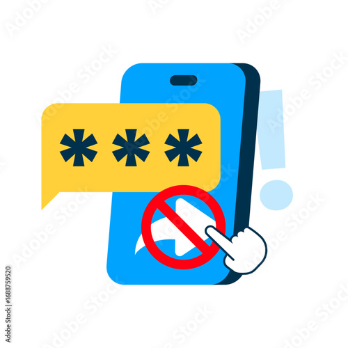 illustration of smartphone receiving one time password with share icon. security warning, do not share verification code, online privacy, fraud prevention, two factor authentication protection