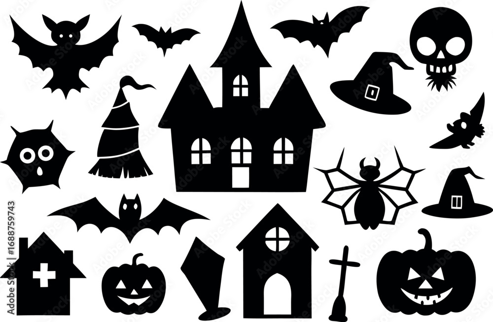 Obraz premium Halloween silhouettes collection of spooky elements on transparent background
