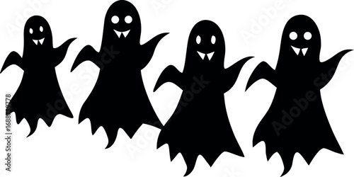 Four spooky ghosts silhouette illustration on transparent background