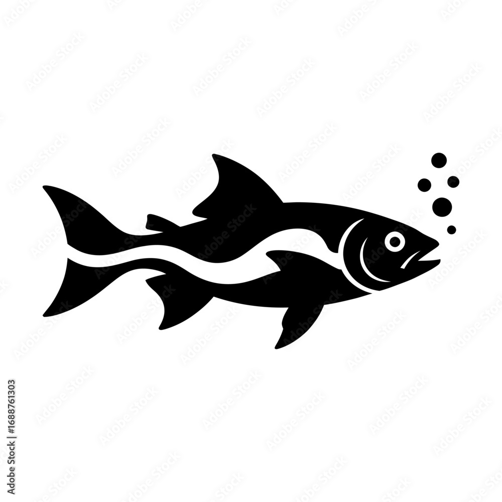Fototapeta premium black and white silhouette of a fish with bubbles vector art