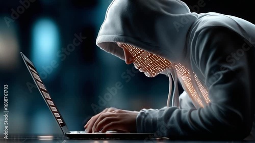 Cyber Intrusion: A hooded figure intensely focused on a laptop, representing the digital realm's shadowy side, embodies the dangers of cybersecurity and data breaches.