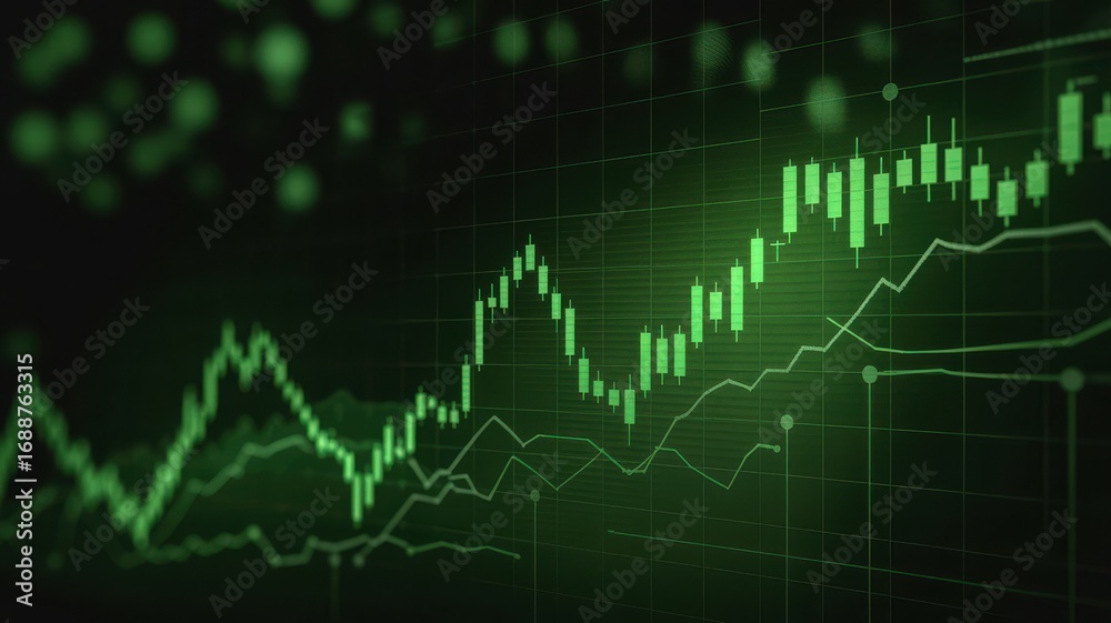 Naklejka premium Green stock market candlestick chart showing upward trend and financial growth on a dark background