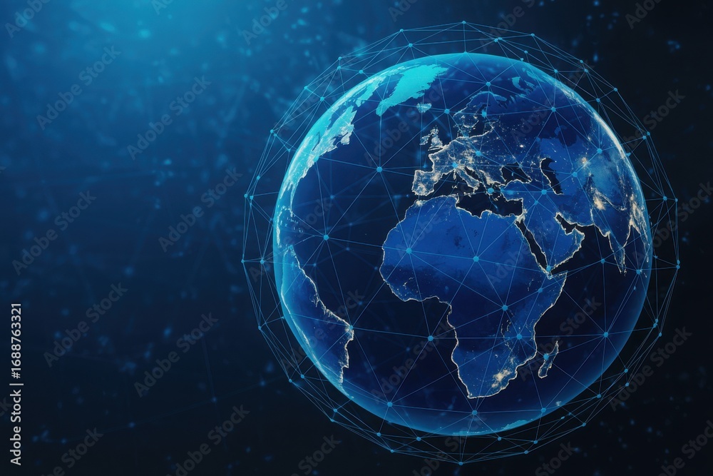 Fototapeta premium Glowing digital earth globe with interconnected data points and network connections on a dark blue background