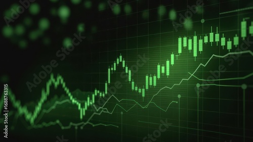 Green stock market candlestick chart showing upward trend and financial growth on a dark background