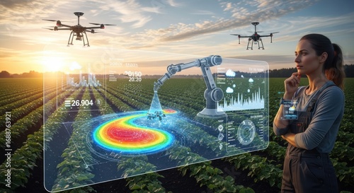 Woman observing agricultural technology with drones and robotic arm in field.