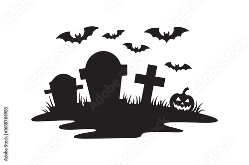Spooky Graveyard Silhouette with Flying Bats and Jack-o'-Lantern for Halloween