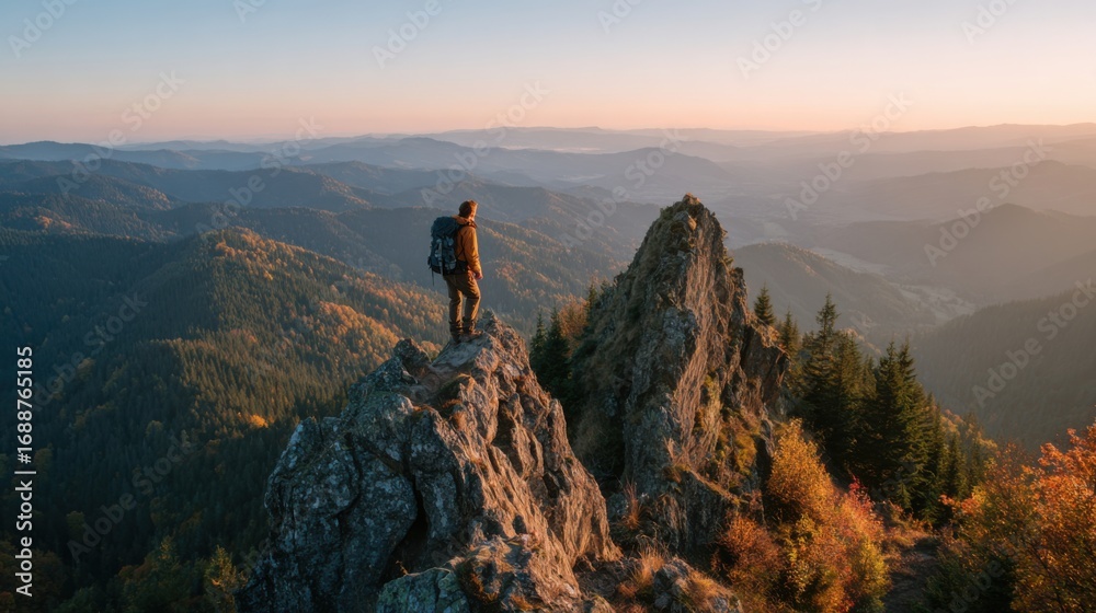 Fototapeta premium A hiker in warm clothing stands on a rocky outcrop while looking out over a vast mountain range. The scene captures the beauty of autumn foliage under a golden sunset sky.