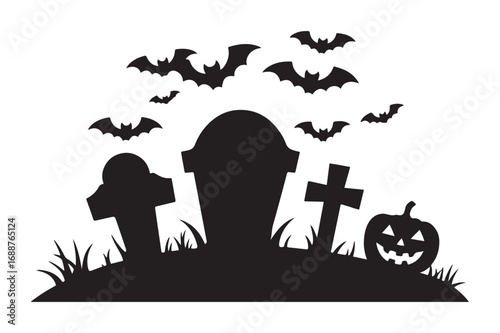 Spooky Graveyard Silhouette with Bats and a Jack-o'-Lantern for Halloween