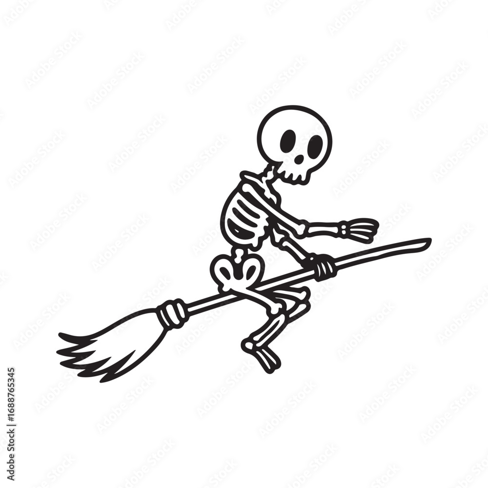 Obraz premium Cute Cartoon Skeleton Flying on a Broomstick for Halloween