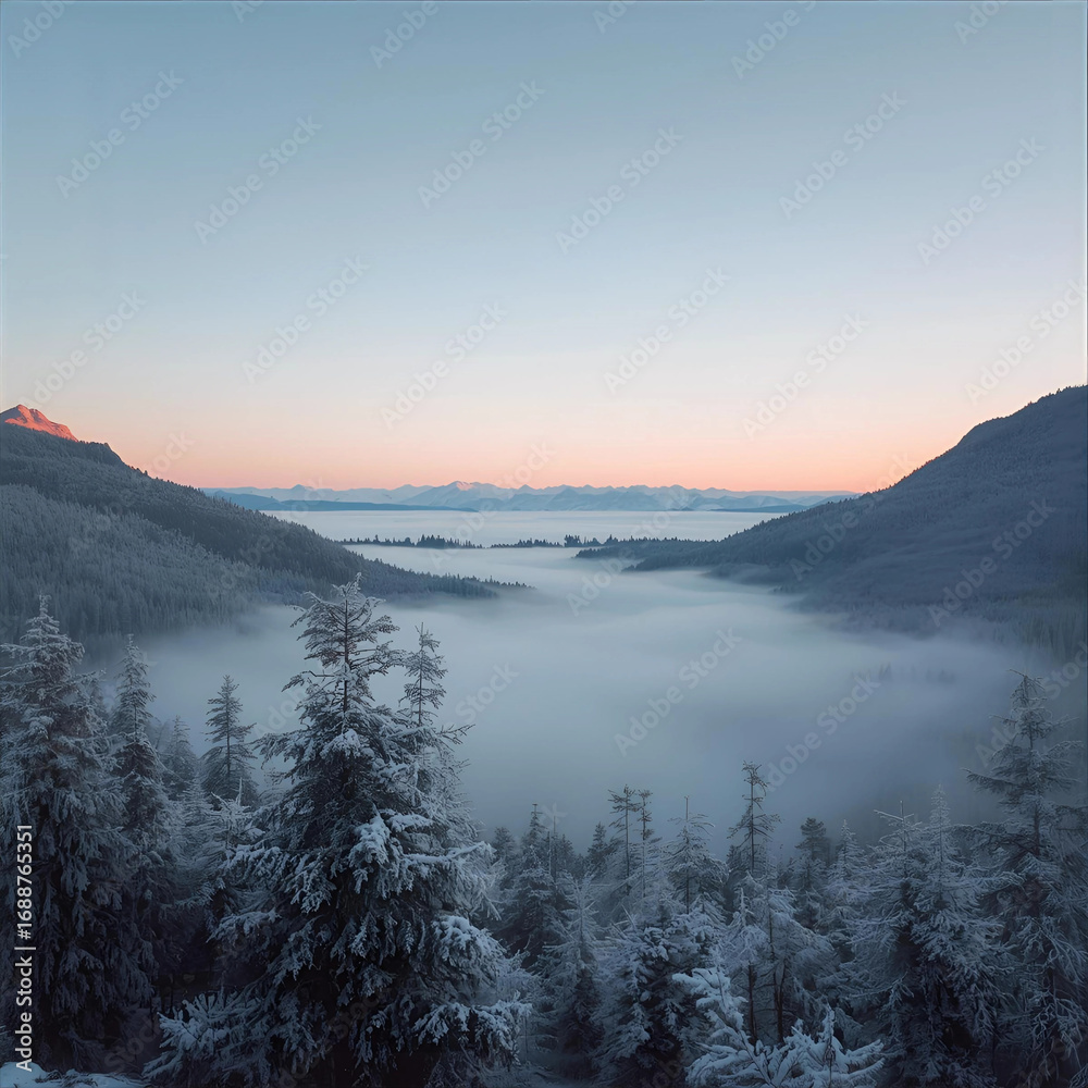 Fototapeta premium Peach-Lit Peaks and Smooth Fog