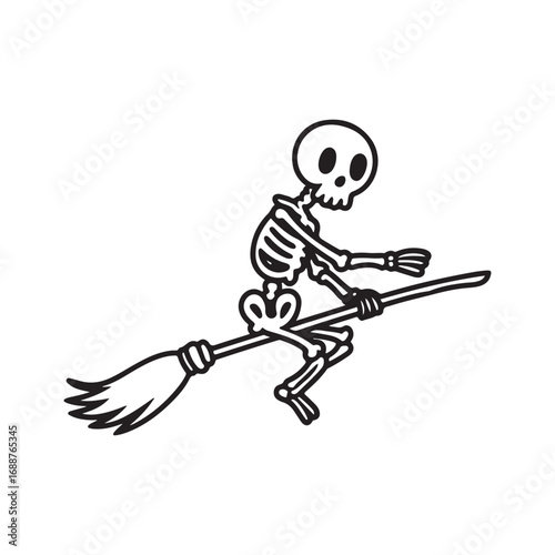 Cute Cartoon Skeleton Flying on a Broomstick for Halloween