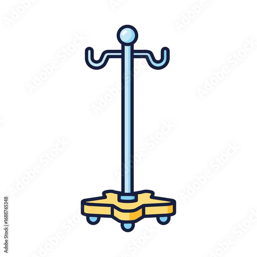 A simple, stylized illustration of a medical IV stand with a blue pole and a yellow base with wheels.