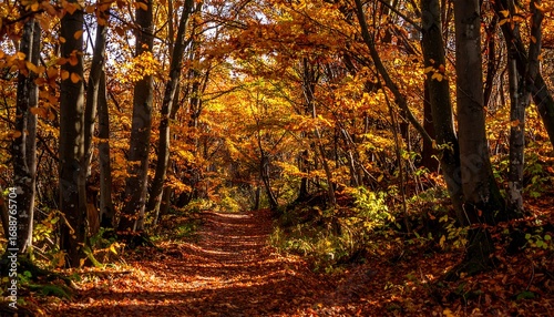 Autumnal forest path. Sunlight streams through colorful trees