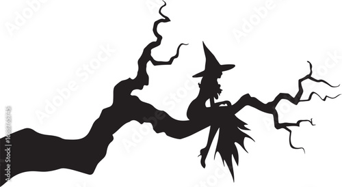 Spooky Witch Silhouette Sitting on a Spooky Halloween Tree Branch Silhouette