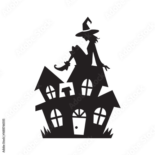 Witch Silhouette Sitting on a Spooky Haunted House for Halloween