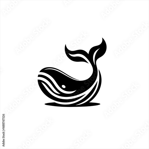 Stylized black whale logo with flowing lines and tail