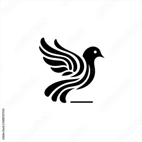 Stylized black dove bird logo with flowing wings and tail