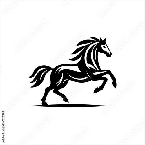 Stylized black horse silhouette rearing up on white background