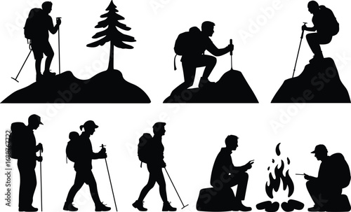 Flat vector illustration of hikers with backpacks and trekking poles, camping by fire, outdoor adventure, mountain climbing, nature exploration, trekking silhouettes, hiking activity.