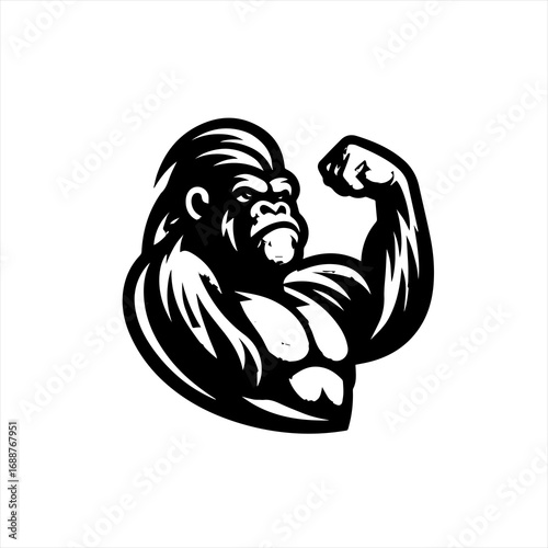 Strong gorilla flexing bicep muscle black and white illustration