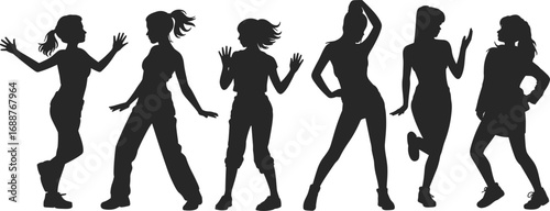Group of dancing women, silhouette female poses, stylish dance movement, modern choreography art, black vector design, flat vector illustration