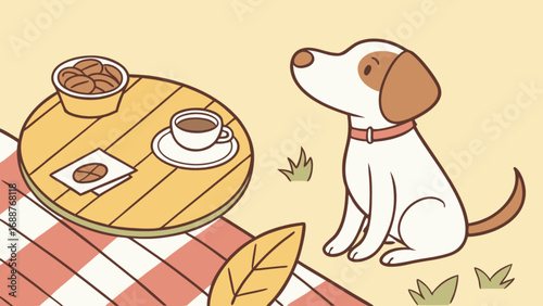 Dog picnic illustration with coffee and cookies on a blanket vector graphics for designers use one hundred