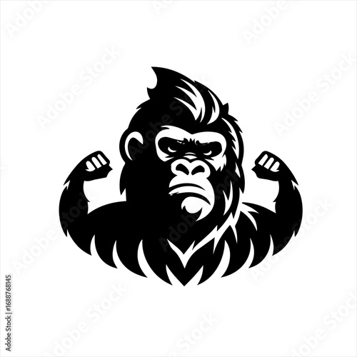 Strong gorilla flexing biceps black and white logo