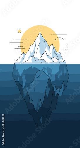The visible summit and hidden depths of an enormous iceberg beneath the golden sun