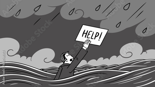 A person struggling in stormy sea waves holding a help sign monochrome illustration.