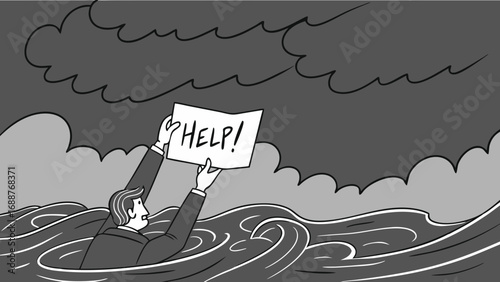 A person struggling in stormy sea waves holding a help sign monochrome illustration.